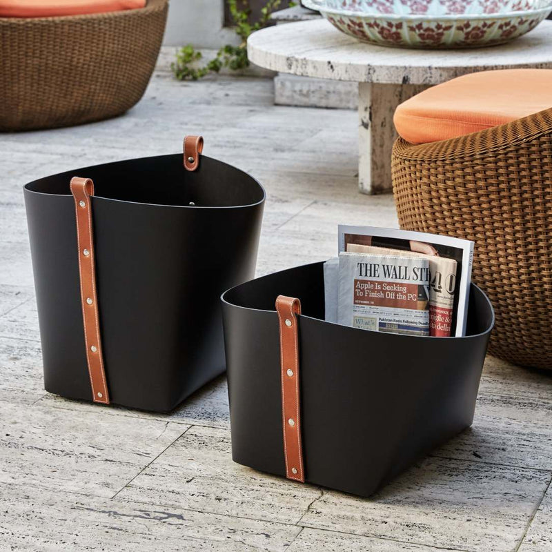 Styled Ovo large and medium storage baskets in regenerated black leather with tan straps by Pinetti