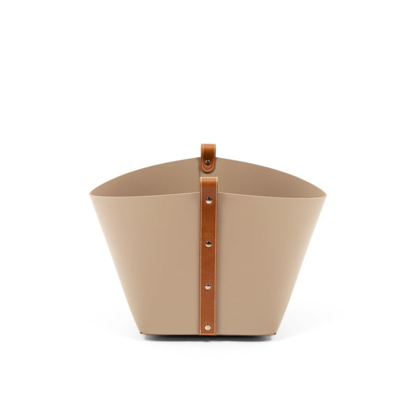 Ovo Mini Storage Basket in taupe regenerated leather with tan strap by Pinetti