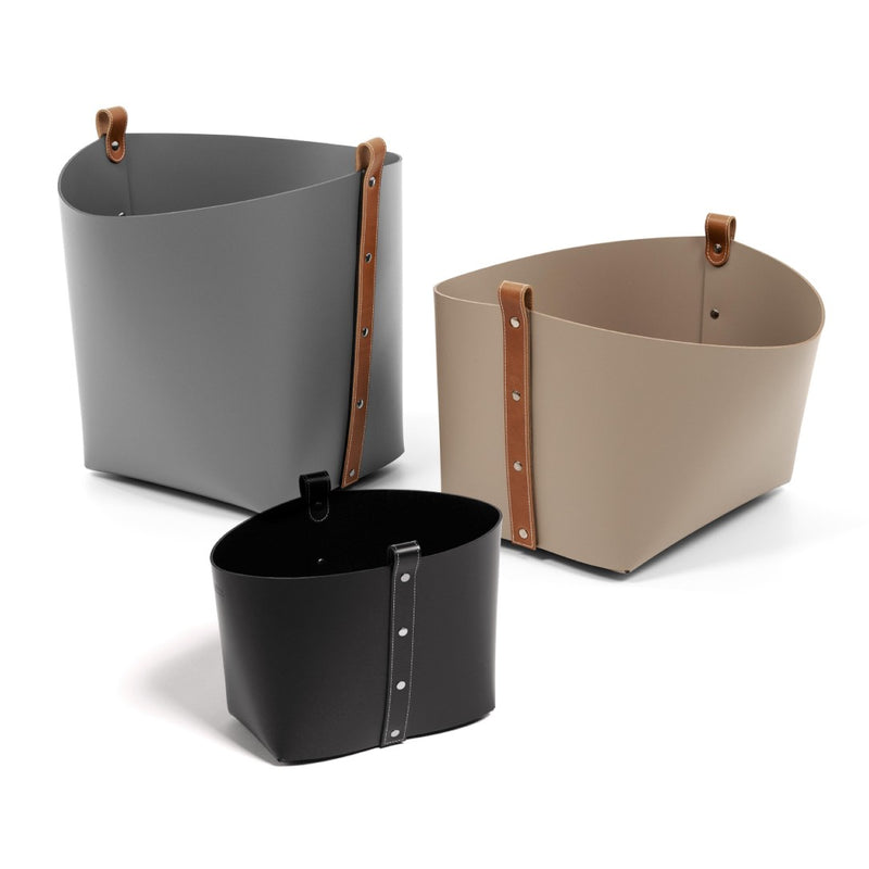 Three Ovo Storage Baskets in taupe regenerated leather with straps by Pinettion a white background