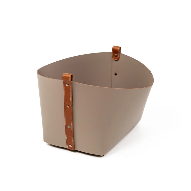 Ovo Small Storage Basket in taupe regenerated leather with tan strap by Pinetti