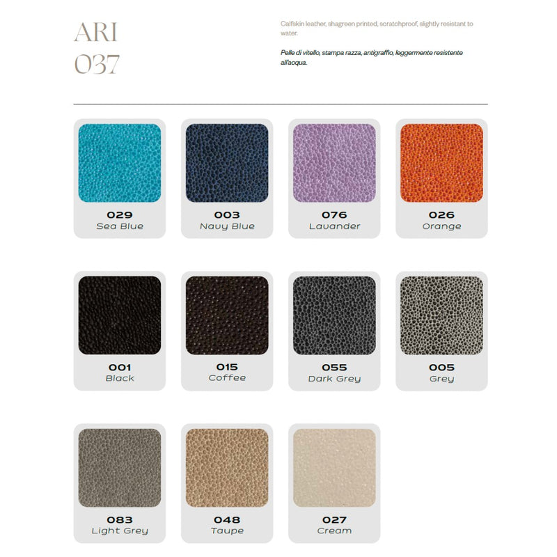 Color swatches Ari shagreen printed with labels for various colors on a white background