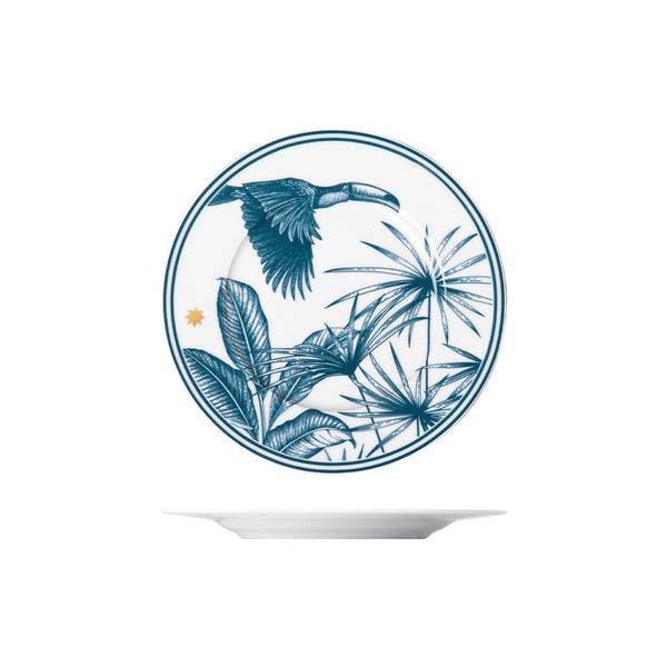 Paraiso Blue porcelain bread plate with tropical plants, wild animals, and polished gold star by Sieger by Fürstenberg