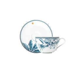 Paraiso Blue porcelain cappuccino cup and saucer with tropical plants, exotic animals, and polished gold star by Sieger by Fürstenberg