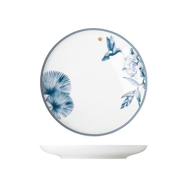 Paraiso Blue coup-shaped porcelain plate with cobalt tropical design by Sieger by Fürstenberg