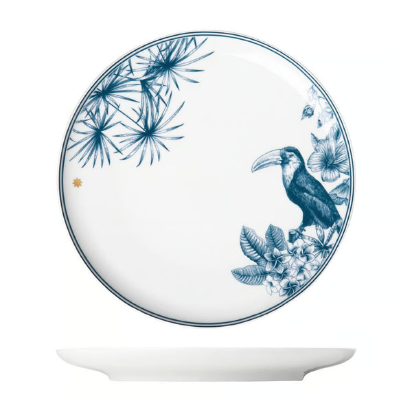 Decorative plate with blue floral and toucan design on a white background