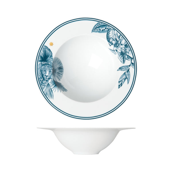 Paraiso Blue porcelain deep plate with rim featuring tropical plants, wild animals, and hand-polished gold star by Sieger by Fürstenberg