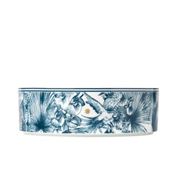 Paraiso Blue extra-large cylindrical porcelain bowl with tropical plants, exotic animals, and polished gold star by Sieger by Fürstenberg
