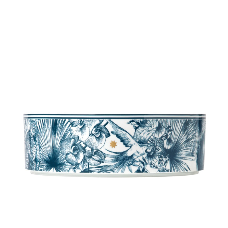 Paraiso Blue extra-large cylindrical porcelain bowl with tropical plants, exotic animals, and polished gold star by Sieger by Fürstenberg