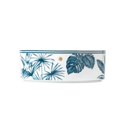 Paraiso Blue large cylindrical porcelain bowl with tropical plants, exotic animals, and polished gold star by Sieger by Fürstenberg