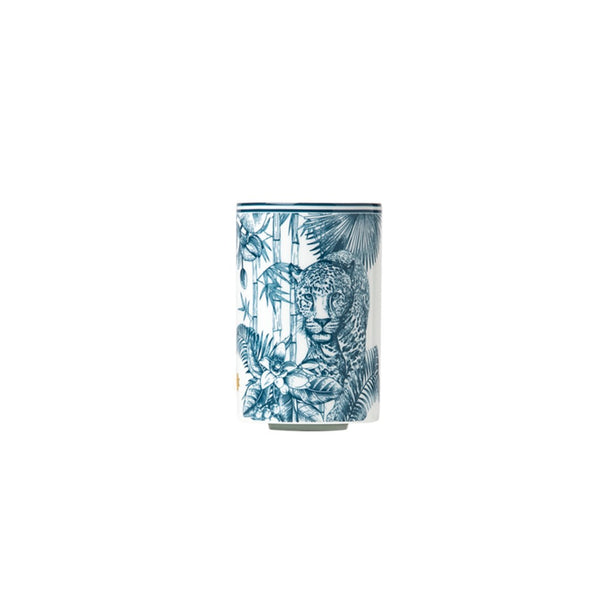 Paraiso Blue large porcelain tea strainer beaker with tropical plants, exotic animals, and polished gold star by Sieger by Fürstenberg
