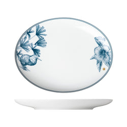 Paraiso Blue porcelain oval platter with tropical plants, exotic animals, and polished gold star by Sieger by Fürstenberg