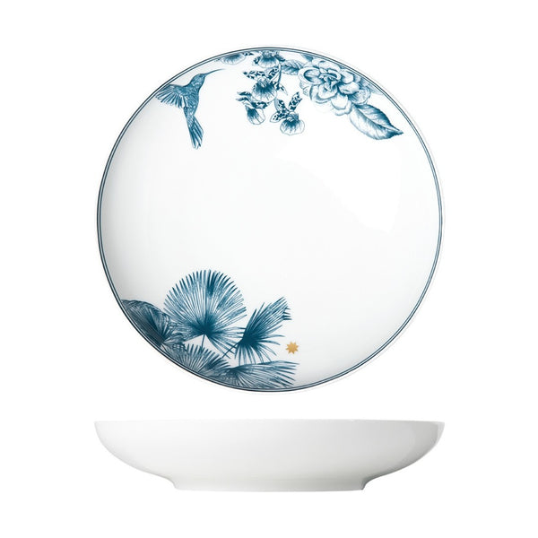 Paraiso Blue porcelain coup-shaped pasta plate with tropical plants, wild animals, and polished gold star by Sieger by Fürstenberg