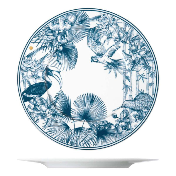Decorative plate with blue parrot and leaf design on a white background