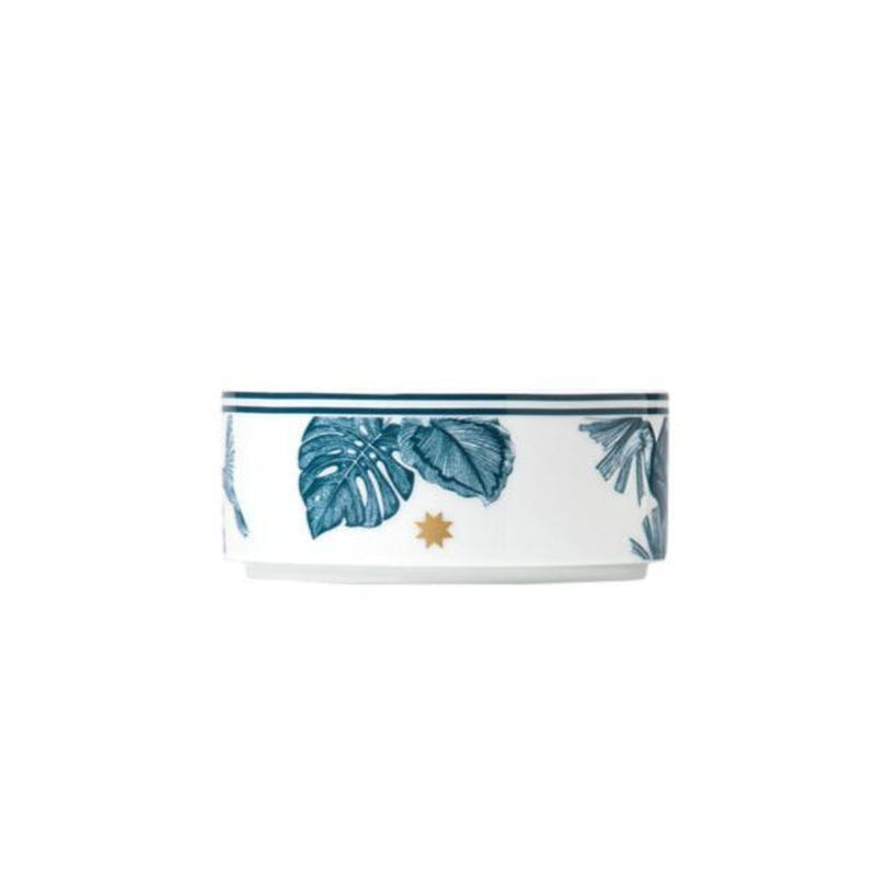 Paraiso Blue small cylindrical porcelain bowl with tropical plants, exotic animals, and polished gold star by Sieger by Fürstenberg