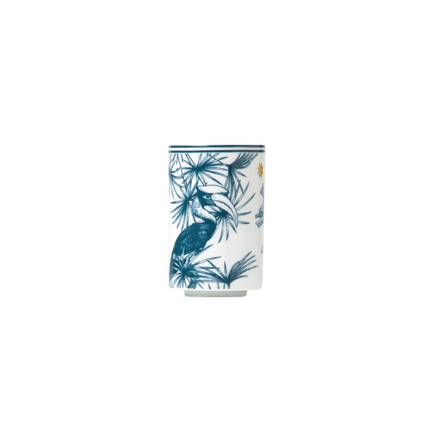 Paraiso Blue small porcelain tea strainer beaker with tropical plants, exotic animals, and polished gold star by Sieger by Fürstenberg