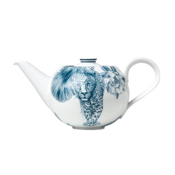 Teapot in white porcelain featuring a leopard and tropical motives in blue from the collection Paraiso Blue