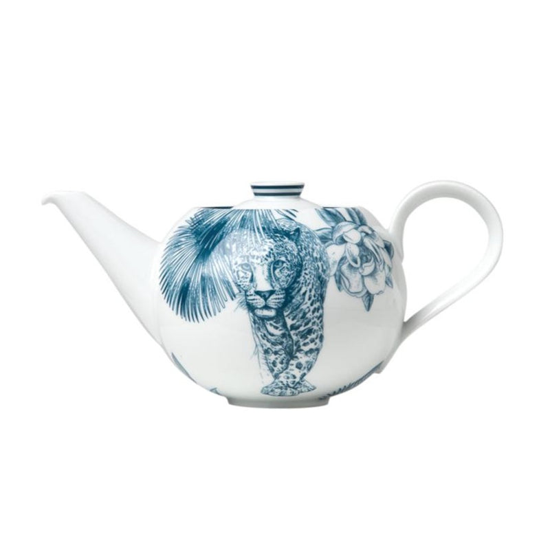 Teapot in white porcelain featuring a leopard and tropical motives in blue from the collection Paraiso Blue