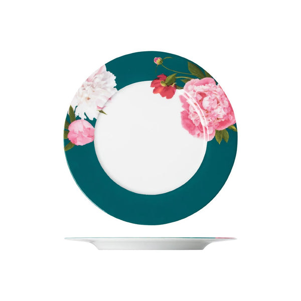 Teal plate with floral design on a white background