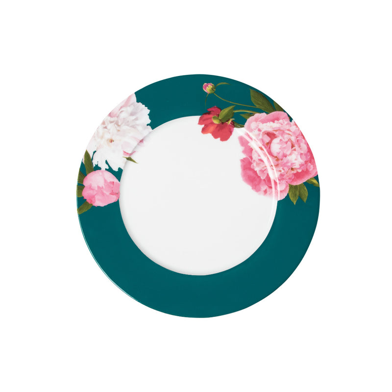 A round porcelain breakfast plate with a green rim and floral patterns in red and pink around the edge, and a white center.