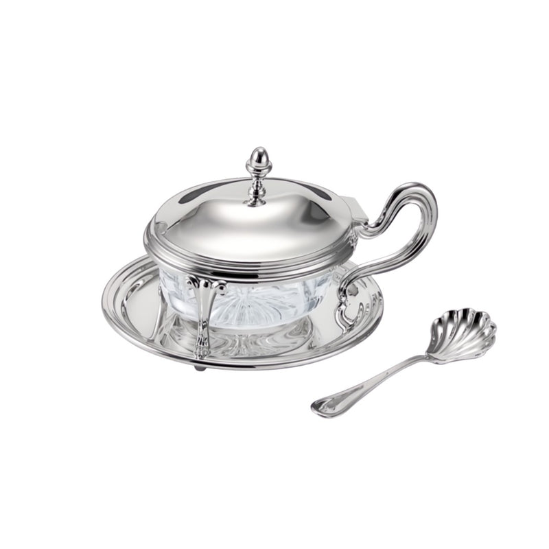 Parmesan Cheese Dish With Spoon English Silver-Plated by Greggio on a white background