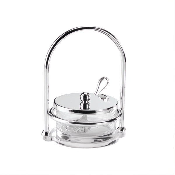 Silver-plated Parmesan cheese dish with spoon and glass insert from the Flower collection by Greggio.