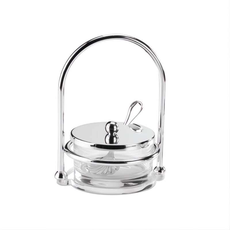 Silver-plated Parmesan cheese dish with spoon and glass insert from the Flower collection by Greggio.