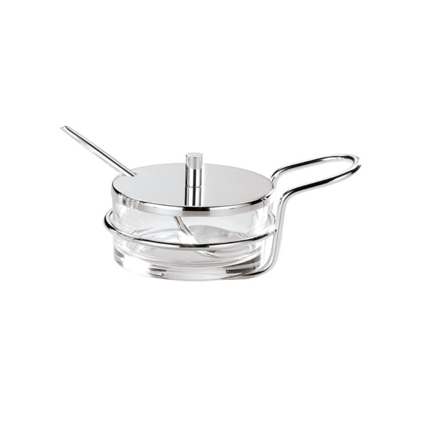 Parmesan cheese dish with spoon in modern silver-plated design by Greggio.