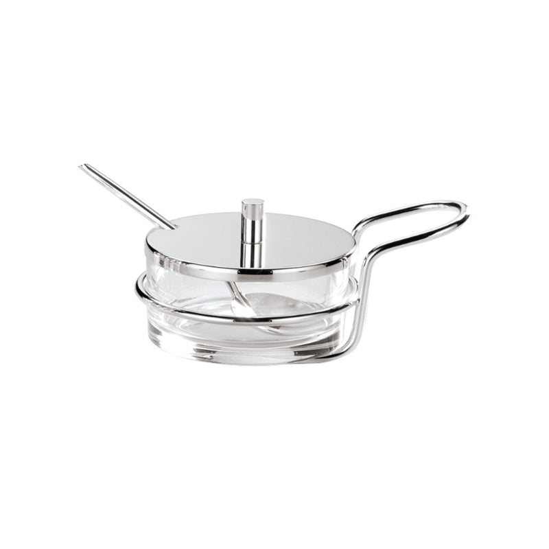Parmesan cheese dish with spoon in modern silver-plated design by Greggio.