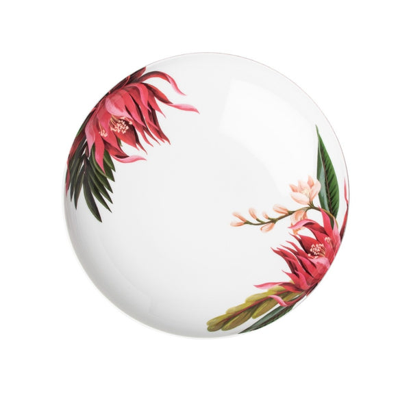 Paraiso porcelain coup-shaped pasta plate with tropical floral motifs in red, pink, and green by Sieger by Fürstenberg