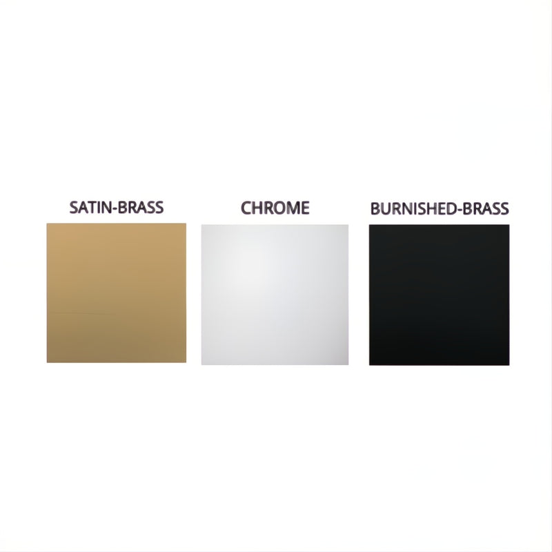 Paul tray metal Color swatches labeled 'Satin Brass', 'Chrome', and 'Burnished Brass' on a white background.