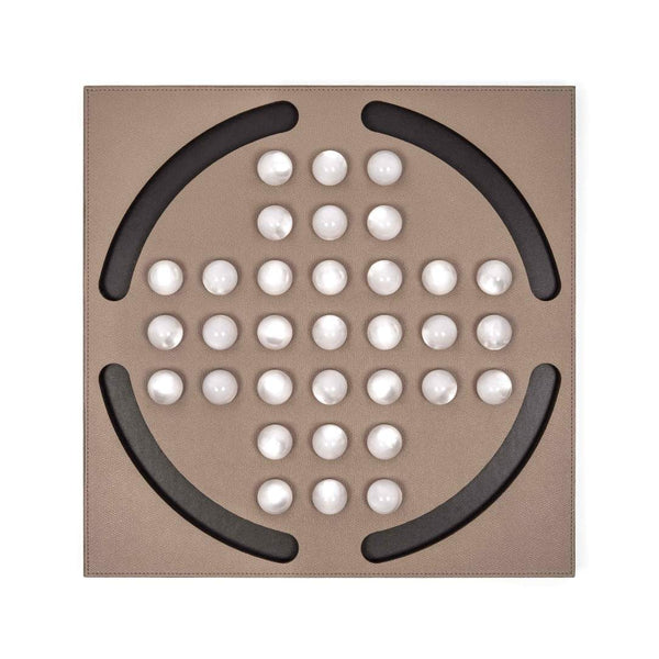 Luxury Peg Solitaire game in taupe grained leather with 33 pearled eco-shell pawns by Pinetti