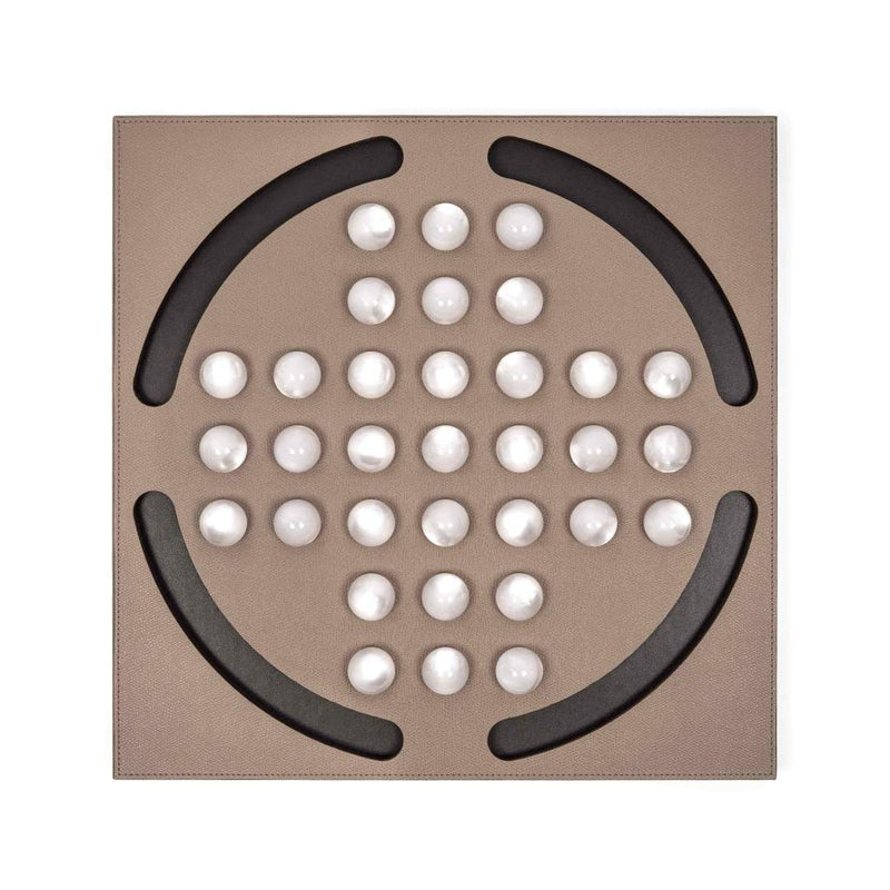 Luxury Peg Solitaire game in taupe grained leather with 33 pearled eco-shell pawns by Pinetti