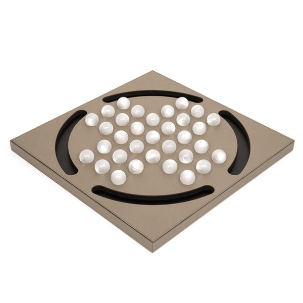 side view of Luxury Peg Solitaire game in taupe grained leather with 33 pearled eco-shell pawns by Pinetti