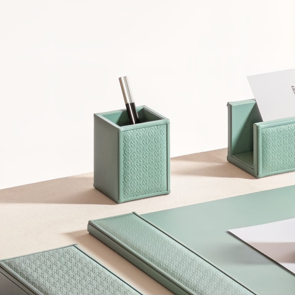 Styled desk with Leather Pen Holder Monogram by Giobagnara x Elie Saab in light sage with padded monogram panel.