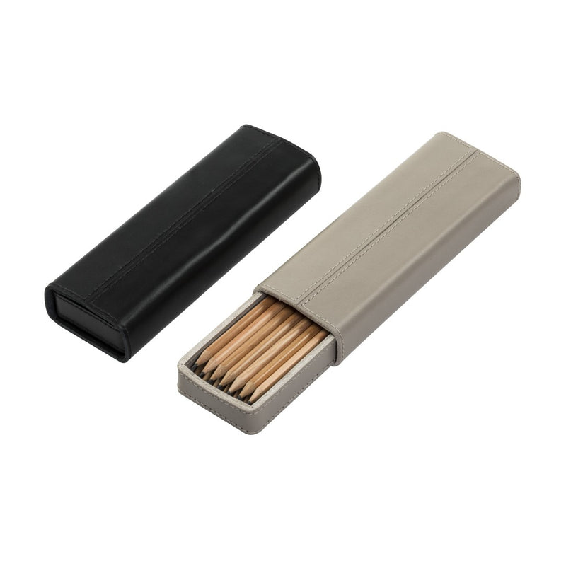 Leather Pencil Case Etna by Giobagnara x Rabitti in saddle leather one black and one beige, with matches inside on a white background.