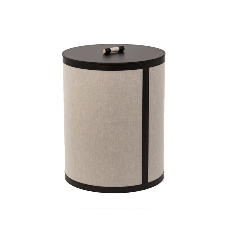Penelope medium round storage basket with lid in ecru fabric and black regenerated leather by Pinetti