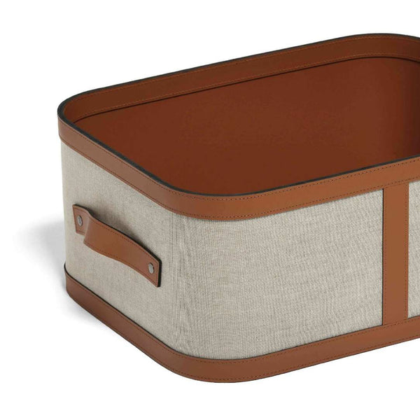 Close-up Penelope small rectangular storage basket in ecru fabric with camel regenerated leather trim by Pinetti