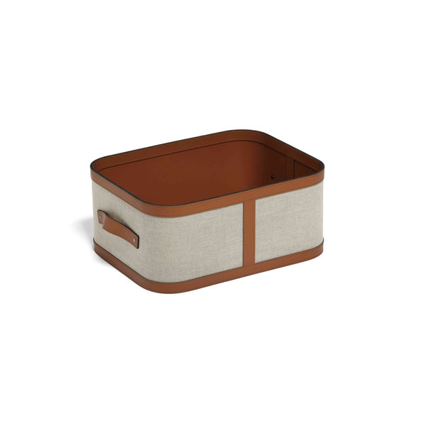Penelope small rectangular storage basket in ecru fabric with camel regenerated leather trim by Pinetti