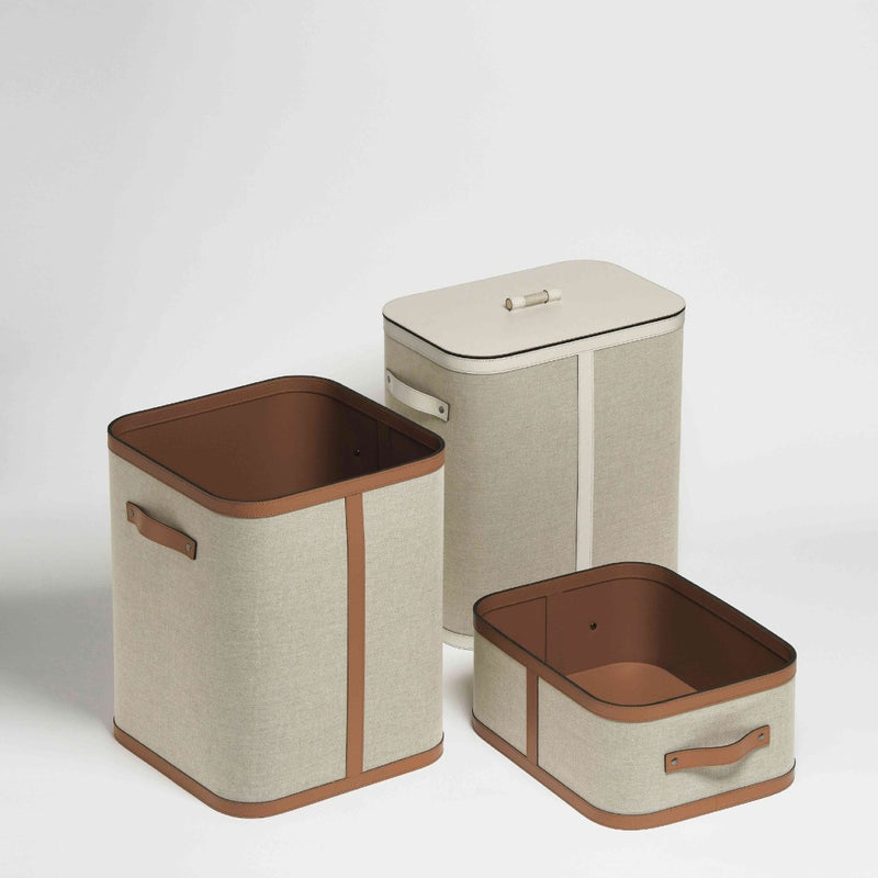 Styled Penelope small rectangular storage basket in ecru fabric with camel regenerated leather trim by Pinetti