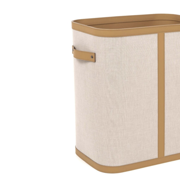 Close-up of Penelope tall rectangular storage basket in ecru fabric with taupe regenerated leather trim by Pinetti