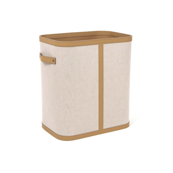 Penelope tall rectangular storage basket in ecru fabric with taupe regenerated leather trim by Pinetti