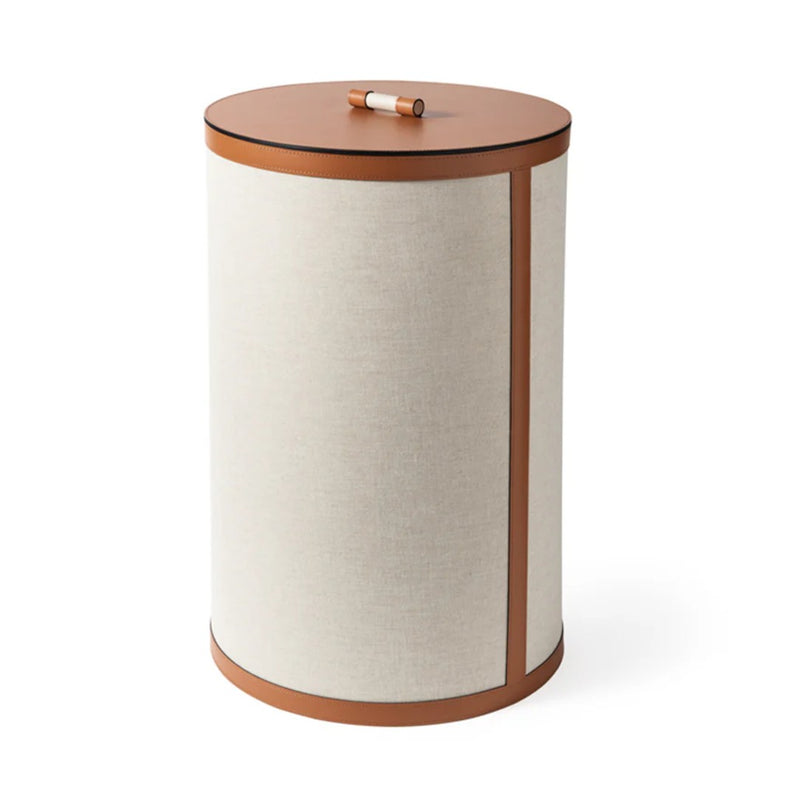Penelope tall round storage basket with lid in ecru fabric and camel regenerated leather by Pinetti