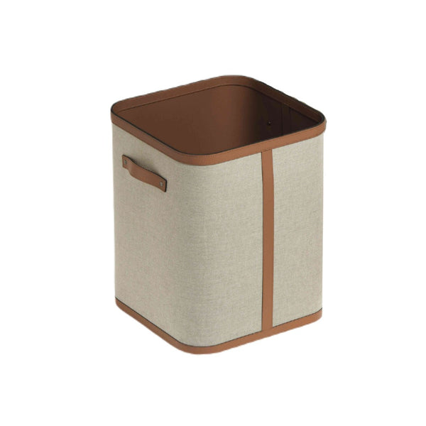 Penelope tall square storage basket in ecru fabric with camel regenerated leather trim by Pinetti