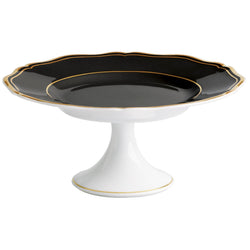 Porcelain petit four and cake stand with scalloped edge black surface and gold rim from mazurka gold and black by raynaud
