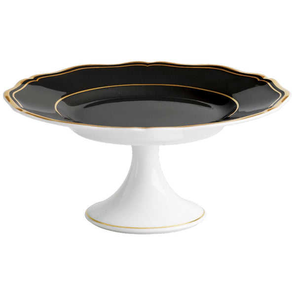 Porcelain petit four and cake stand with scalloped edge black surface and gold rim from mazurka gold and black by raynaud