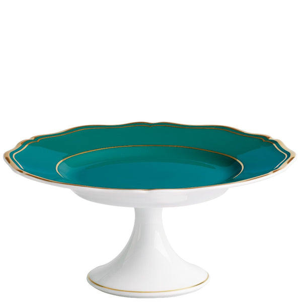 Mazurka turquoise cake stand with gold trim on a white background