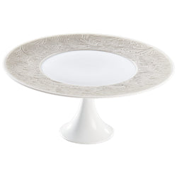 Italian Renaissance Irisé Pearl Grey petit four stand 24cm by Raynaud in Limoges porcelain with engraved arabesques, pearl grey iridescence