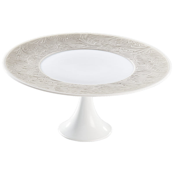Italian Renaissance Irisé Pearl Grey petit four stand 24cm by Raynaud in Limoges porcelain with engraved arabesques, pearl grey iridescence