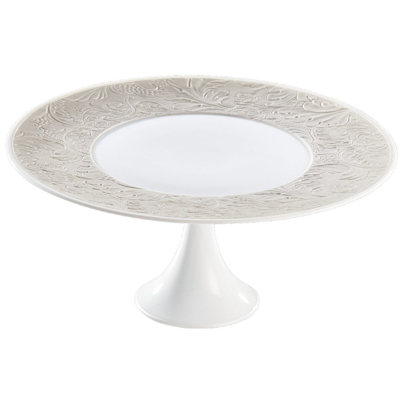 Italian Renaissance Irisé Pearl Grey petit four stand 24cm by Raynaud in Limoges porcelain with engraved arabesques, pearl grey iridescence