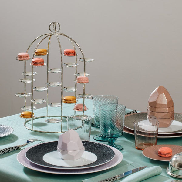 Dining table setting with a Silver-plated Petit Fours Latitude stand with twenty-four small dishes by Ercuis, designed for displaying macarons, chocolates, or desserts in an elegant presentation.
